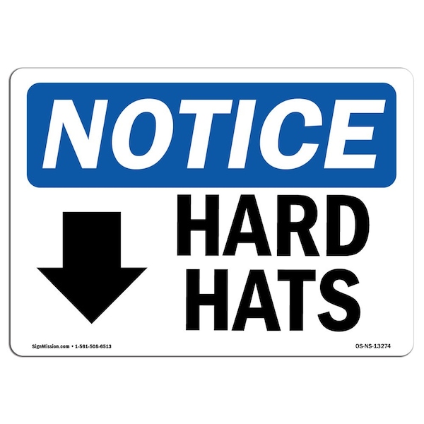 OSHA Sign, Hard Hats With Down Arrow With Symbol, 14in X 10in Aluminum, 14" W, 10" H, Landscape